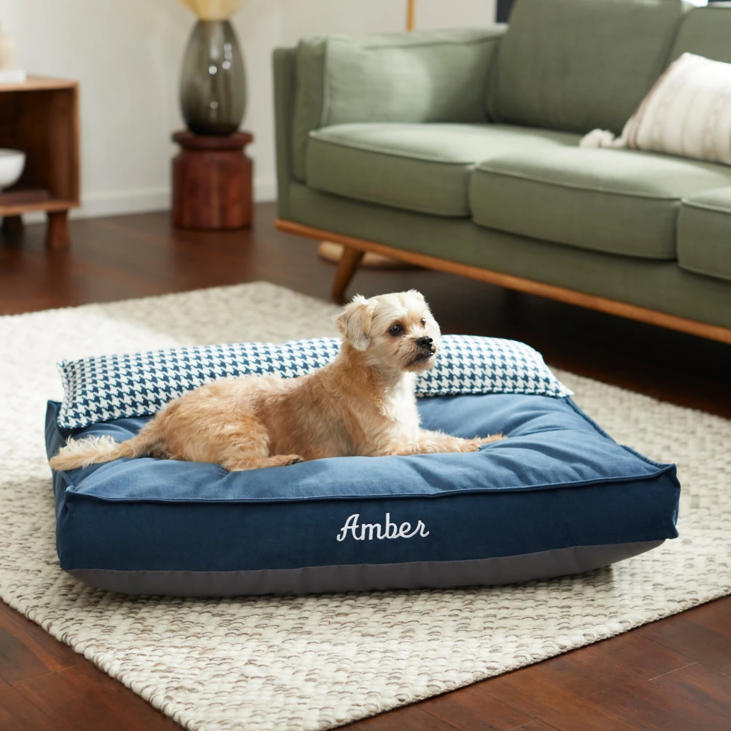 Frisco Personalized Navy Bolstered Bed With Navy Check Bolster 1 Frisco Personalized Navy Bolstered Bed With Navy Check Bolster